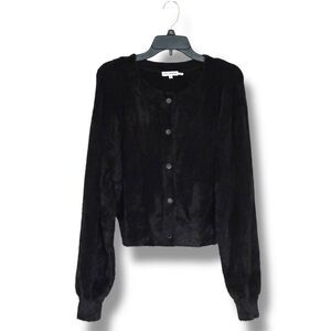 Good American Fuzzy Knit Crew Neck Cardigan Sweater Black Size 2